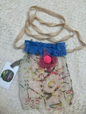 Boho Jabot Collar Necklace with Blue Trim and Pink Rosette